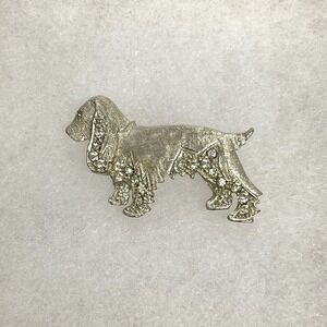 Vintage BSK Crocker Spaniel Dog Pin Brooch Silver Tone Rhinestone MCM Jewelry